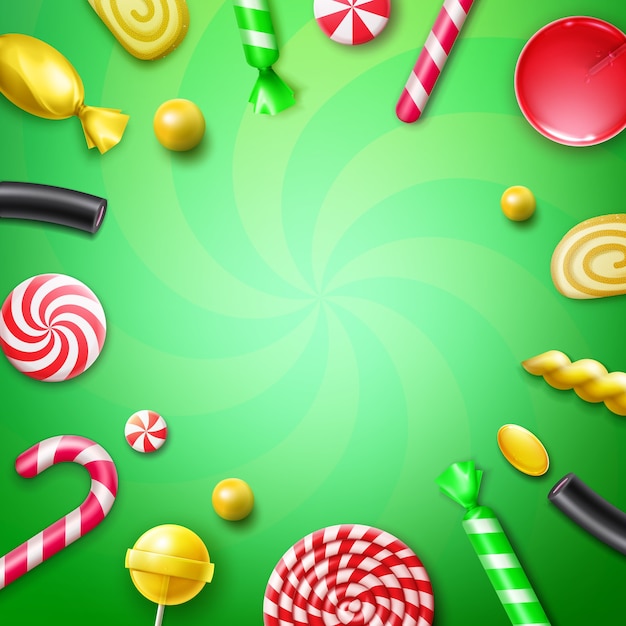 Vector plano de dulces con diferentes dulces en envoltorios de papel de aluminio a rayas rojas, amarillas, piruletas de remolino, bastón de navidad y vista superior de copyspace sobre fondo verde