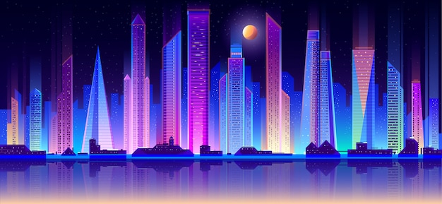 Vector plano del paisaje urbano de la noche de la metrópolis moderna