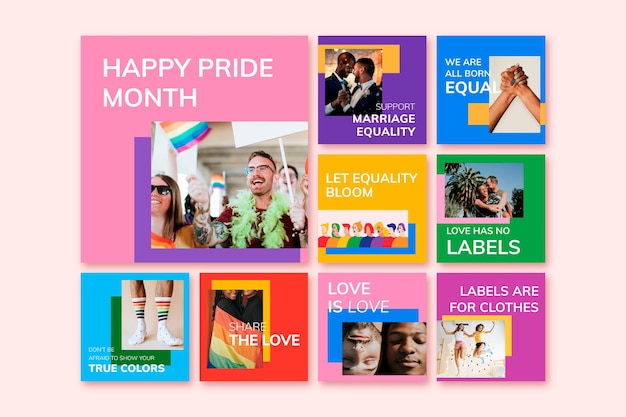 Vector de plantilla de celebración del mes del orgullo LGBTQ + derechos respaldan la colección de publicaciones en redes sociales