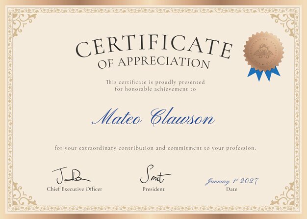 Vector de plantilla de certificado de apreciación vintage, diseño profesional en beige