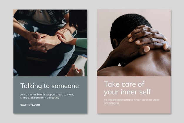 Vector gratuito vector de plantilla de conciencia de salud mental para grupos de apoyo conjunto doble de carteles de anuncios