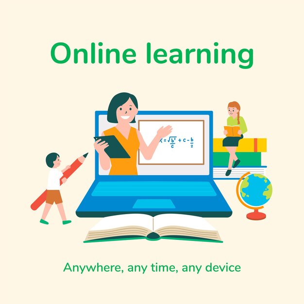Vector de plantilla editable de aprendizaje en línea para publicaciones en redes sociales educación en la nueva normalidad