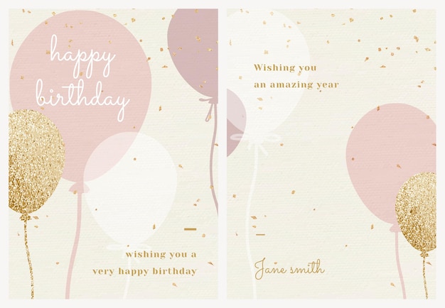 Vector de plantilla de saludo de cumpleaños en línea con conjunto de ilustración de globo rosa y dorado