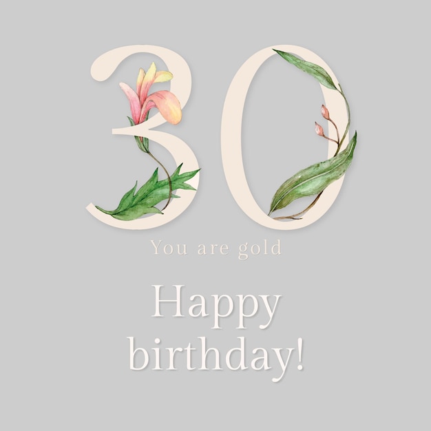 Vector gratuito vector de plantilla de saludo de cumpleaños número 30 con ilustración de número floral