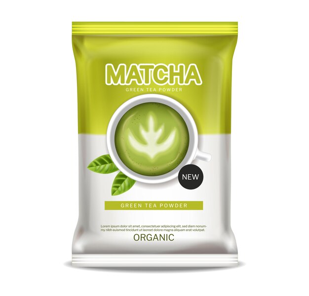Vector de polvo de té verde matcha realista. Colocación de productos simulacros de diseños de etiquetas de bebidas saludables