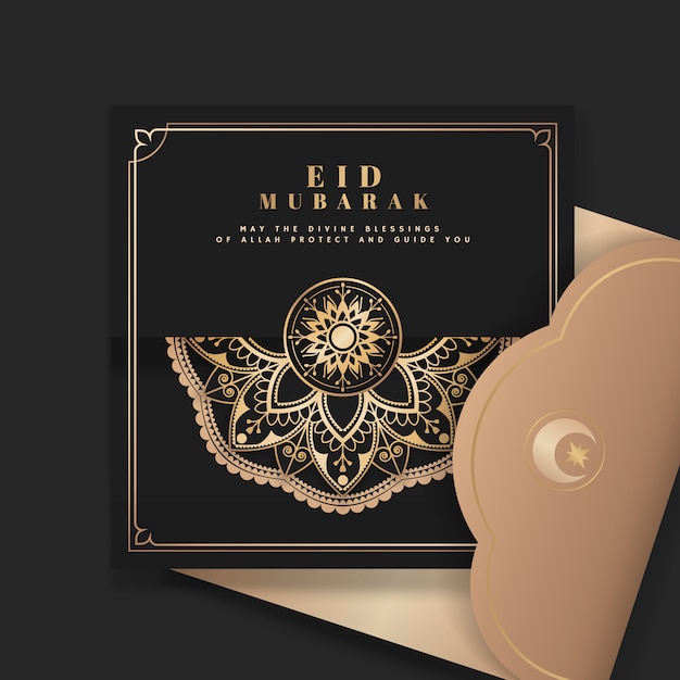 Vector de postal Eid Mubarak negro y oro