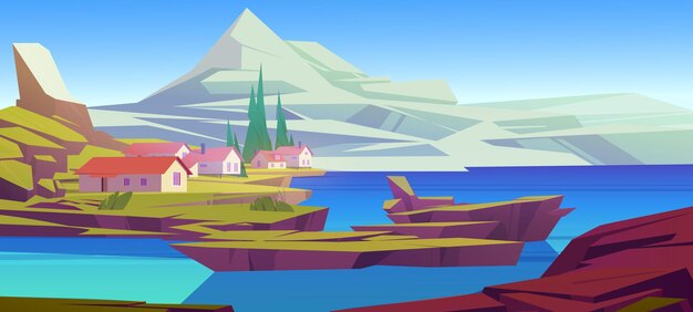 Vector pueblo paisaje fondo casa en acantilado