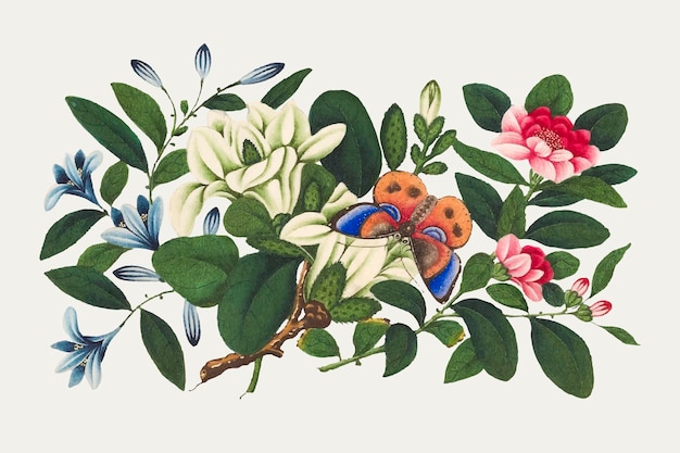 Vector de ramo de flores chinas vintage