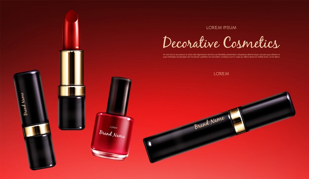 Vector realista cartel de promoción cosmética. Banner con una colección femenina de cosméticos de maquillaje, pintalabios escarlata, esmalte de uñas y rímel sobre un fondo rojo. Productos para maquillaje brillante.