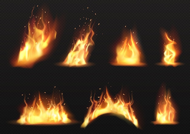 Vector realista conjunto de llamas de fuego ardiente vector gratuito