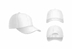 Vector gratuito vector realista gorra de béisbol blanca vista frontal, posterior y lateral aislada sobre fondo