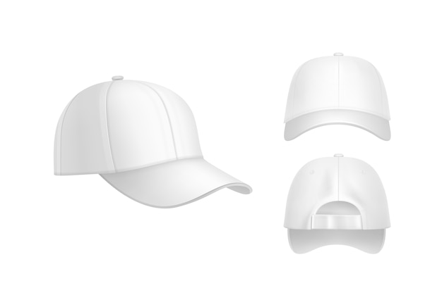 Vector realista gorra de béisbol blanca vista frontal, posterior y lateral aislada sobre fondo