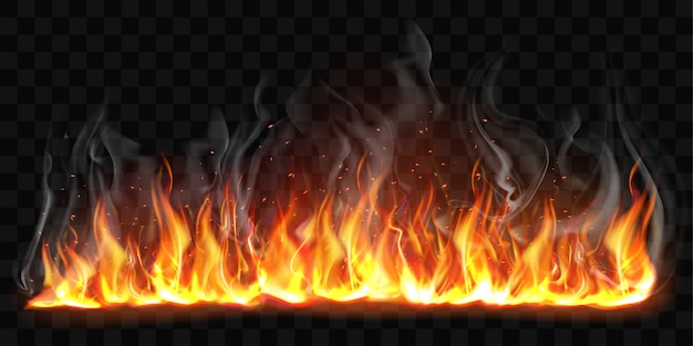 Vector realista llamas de fuego ardiente con humo