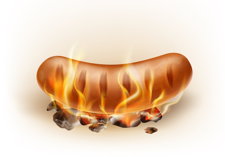 Vector gratuito vector realista salchicha a la parrilla asada en brasas y fuego
