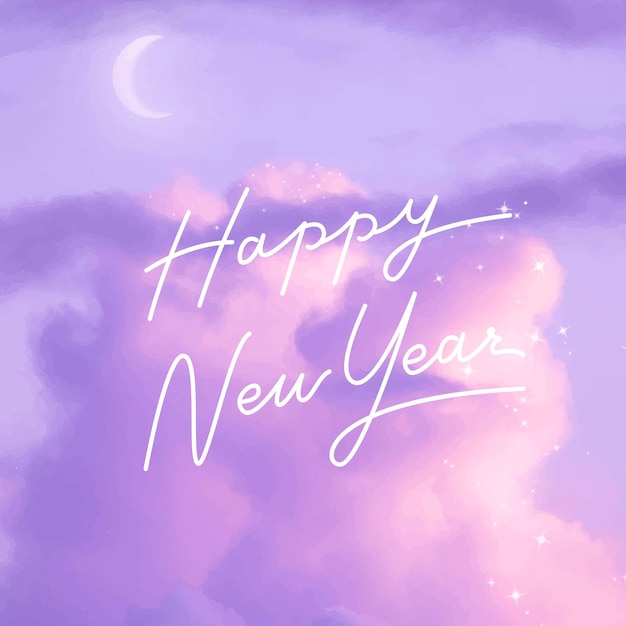 Vector de saludo de año nuevo, diseño de caligrafía estética, fondo de cielo púrpura pastel