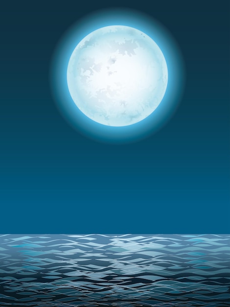 Vector gratuito vector seascape con la luna llena y su reflejo en la ilustración de las olas.