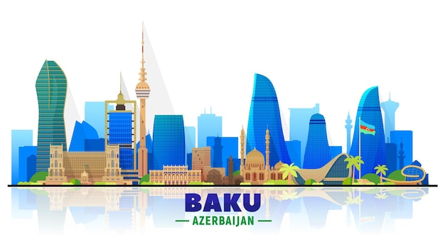 Vector de silueta de horizonte de la ciudad de Bakú Azerbaiyán en fondo blanco Ilustración de vector plano Concepto de turismo y viajes de negocios con edificios modernos Imagen para banner o sitio web