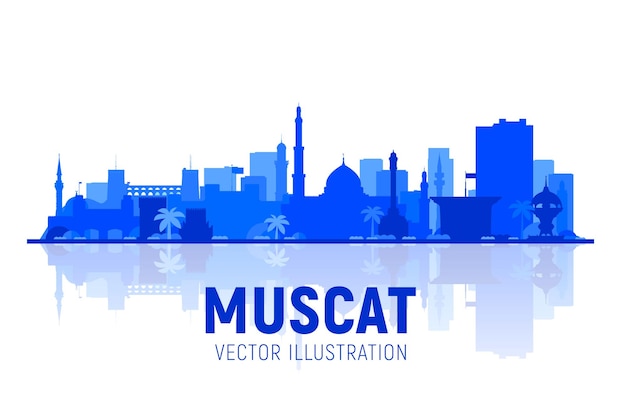 Vector gratuito vector de silueta de horizonte de la ciudad de muscat omán en fondo blanco ilustración de vector plano concepto de turismo y viajes de negocios con edificios modernos imagen para banner o sitio web