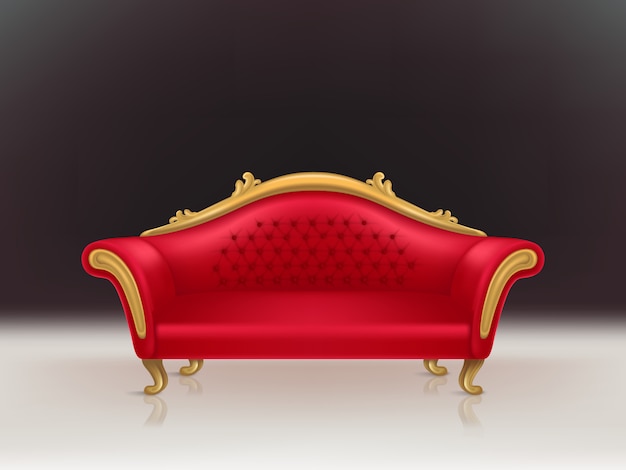 Vector el sofá de lujo lujoso del terciopelo rojo con las piernas talladas de oro en el fondo negro, piso blanco.