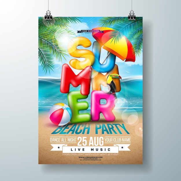 Vector summer beach party flyer design con letra de tipografía 3d y hojas de palmeras tropicales en el fondo del paisaje del océano. diseño de vacaciones y vacaciones