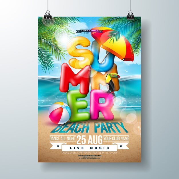 Vector Summer Beach Party Flyer Design con letra de tipografía 3d y hojas de palmeras tropicales en el fondo del paisaje del océano. Diseño de vacaciones y vacaciones