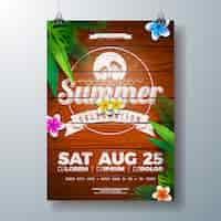 Vector gratuito vector summer party flyer design con flores y hojas de palmeras tropicales