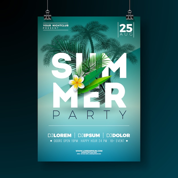 Vector Summer Party Flyer Design con flores y palmeras tropicales