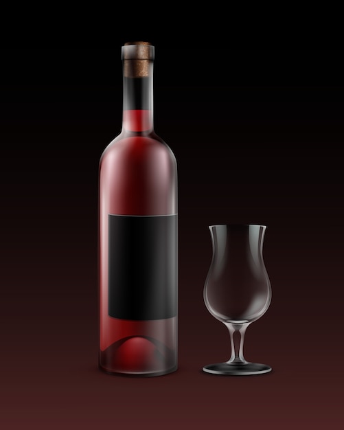 Vector transparente botella de vino tinto con etiqueta negra y vaso vacío aislado sobre fondo oscuro