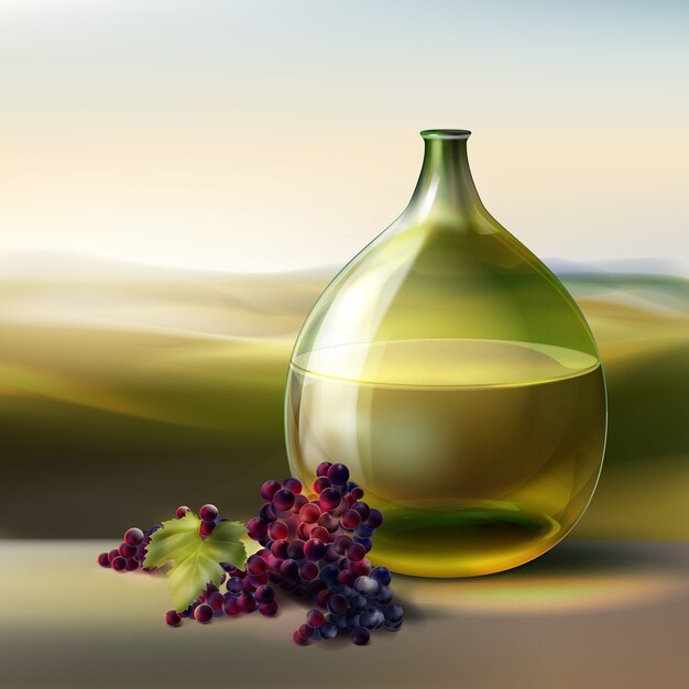 Vector verde botella redonda de vino blanco y uvas rojas aisladas sobre fondo con valle