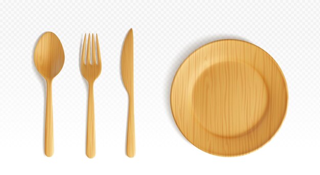 Vector de vista superior del plato y la cuchara de cubiertos de madera 3D