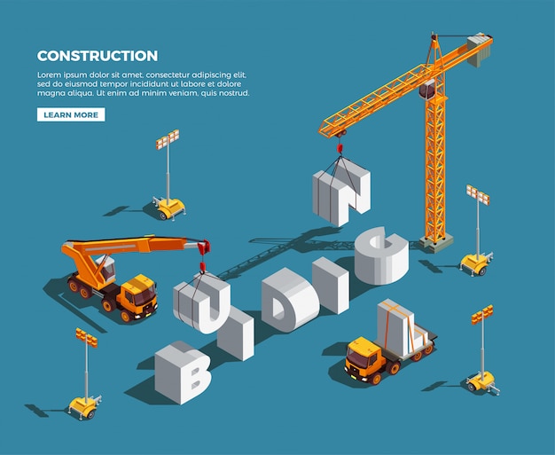 Vehículos de construcción creando palabras de letras blancas