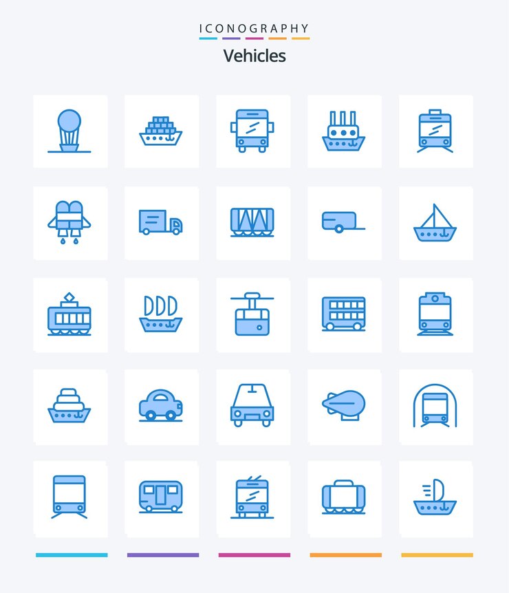 Vehículos creativos 25 Paquete de íconos azules, como un camión de transporte a reacción, un buque de transporte