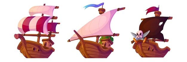 Vela y barco pirata con velas Vector de dibujos animados