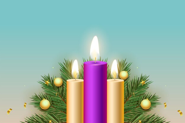 Velas de adviento realistas con fondo de decoración navideña
