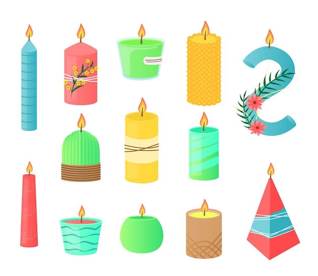 Vector gratuito velas encendidas con flores y hierbas en candelabros. conjunto de ilustración de dibujos animados a la luz de las velas