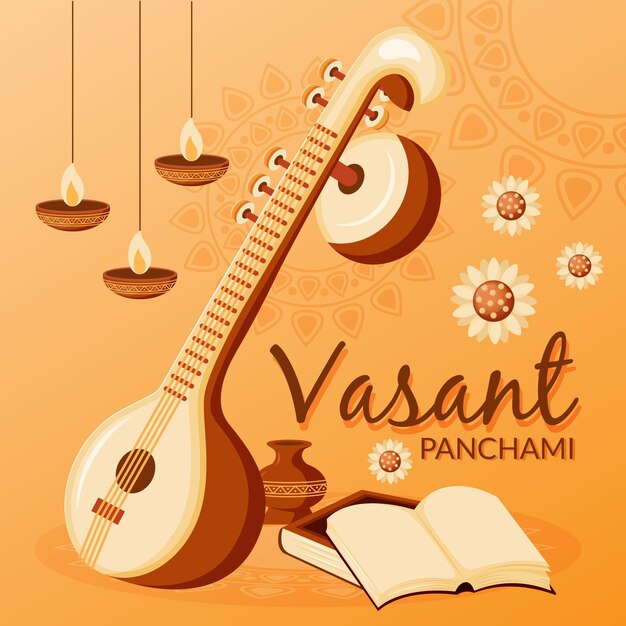 Velas y instrumento musical Vasant panchami