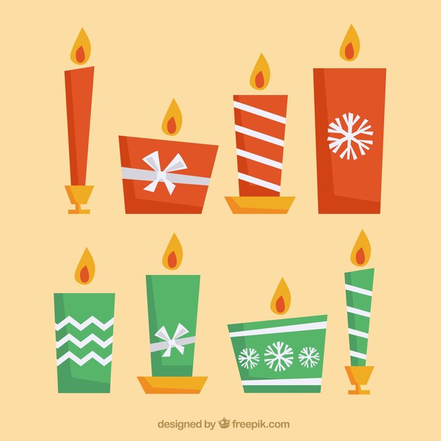 Velas de navidad rojas y verdes de diferentes formas