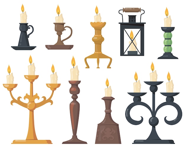 Velas vintage en conjunto plano de candelabros. Dibujos animados elegantes candelabros victorianos y soportes retro para velas colección de ilustraciones vectoriales aisladas. Elementos de diseño y concepto de decoración