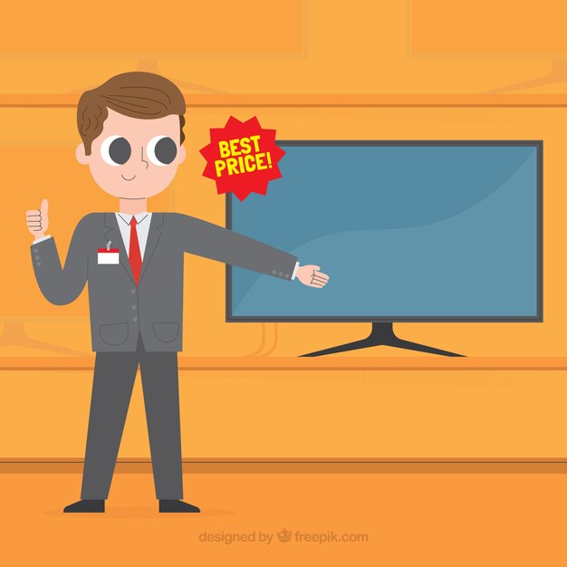 Vendedor apuntando hacia televisor