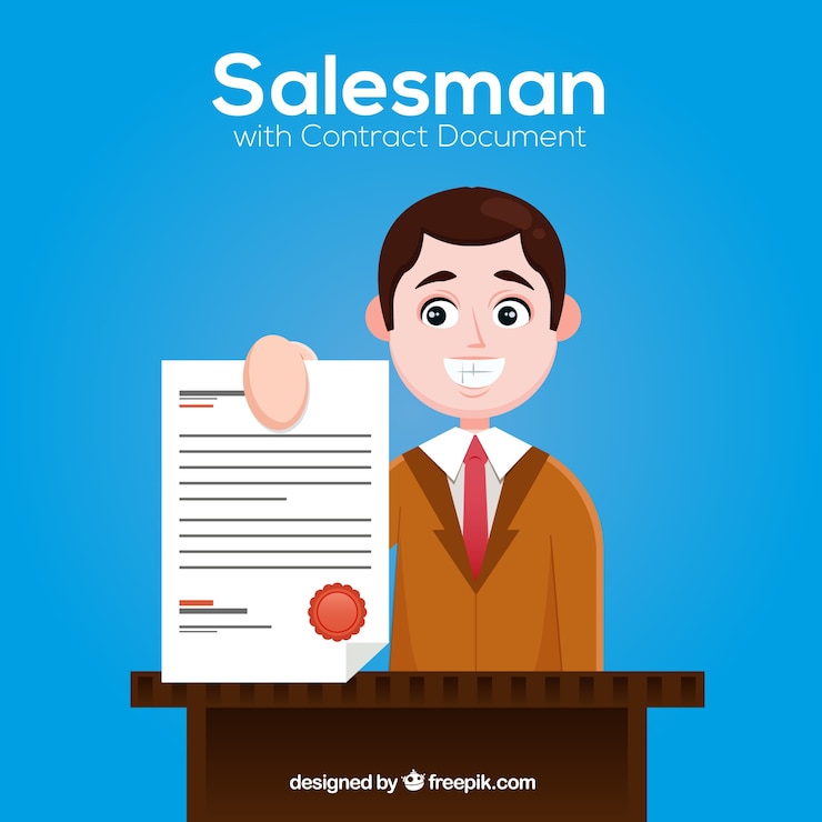 Vector gratuito vendedor de diseño plano con documento de contrato