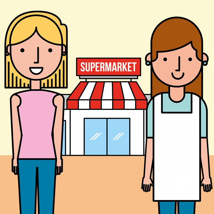Vector gratuito vendedora y cliente mujer supermercado personas