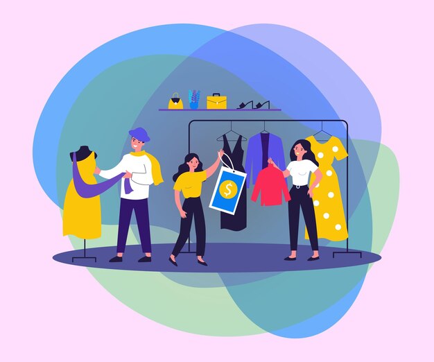 Vendedores de tiendas y asistencia para colgar ropa