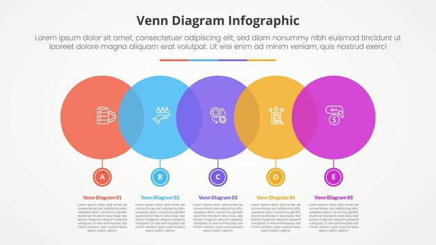 Venn diagrama concepto infográfico para la presentación de diapositivas con gran círculo dirección horizontal con lista de 4 puntos con estilo plano
