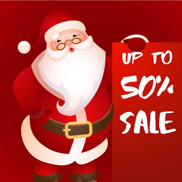 Venta de hasta un cincuenta por ciento de diseño de cartel rojo con santa.