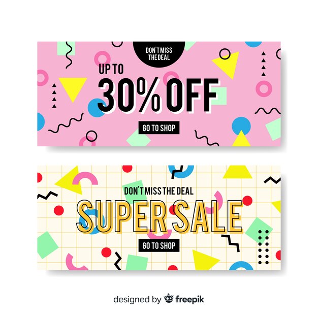 Venta de colección de banners en estilo memphis.