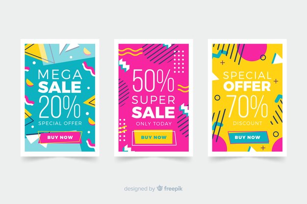Venta de colección de banners en estilo memphis.