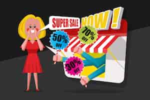 Vector gratuito venta y concepto de compras, las damas oran vestido rojo gritó a los clientes a comprar en la tienda, dibujos animados estilo de diseño plano