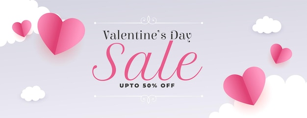 Venta de día de san valentín hermoso banner web con corazones de papel y nubes