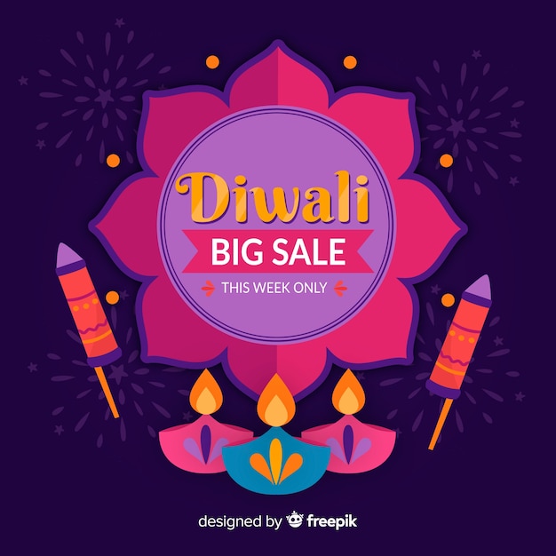 Venta de diwali dibujado a mano con velas y fuegos artificiales