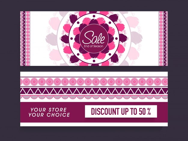 Venta y encabezados de sitios Web de descuento o banners con decoración artística de diseño floral.